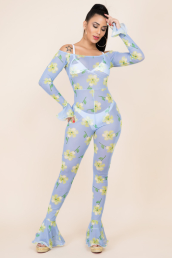autumn new plus size flowers print stretch see through mesh sexy flare jumpsuit(no lining,added new color)