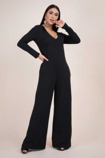 autumn new solid color stretch hooded wide-leg pockets stylish casual jumpsuit