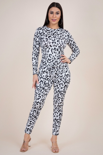 autumn new plus size leopard print stretch round-neck pockets stylish two-piece set