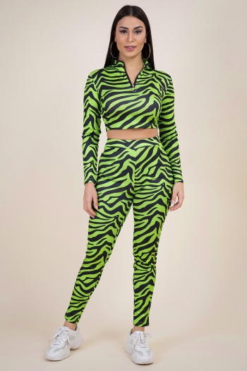 autumn new plus size zebra print stretch high-neck zip-up stylish slim two-piece set