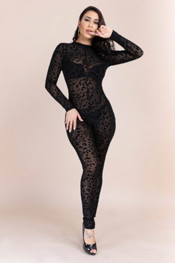 autumn new plus size stretch see through mesh velvet back zip-up sexy tight jumpsuit (new added colors)