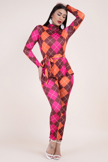 new plus size lattice print stretch high-neck back zip-up stylish slim jumpsuit with belt