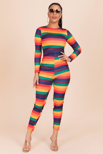 plus size colorful stripe print stretch round-neck back zip-up stylish slim jumpsuit