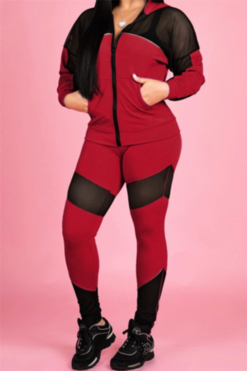 plus size three colors stretch see through mesh spliced hooded stylish two-piece set
