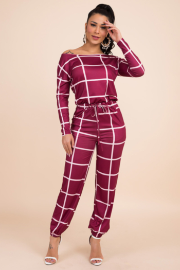 autumn new plus size lattice print stretch boatneck waist laced pocket stylish jumpsuit