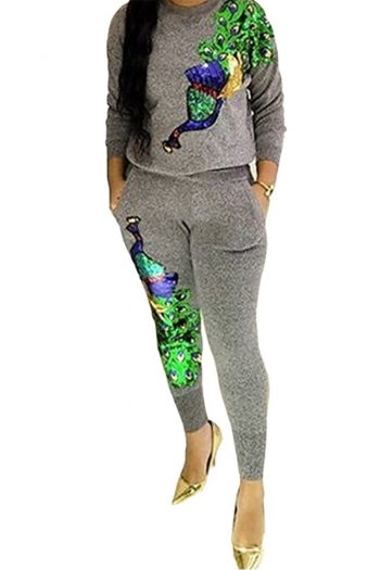 autumn winter new sequins decorated peacock pattern stretch stylish sports two-piece set