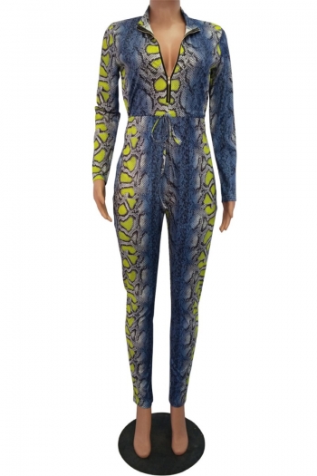 Autumn Winter new plus size snake print stretch zip-up sexy sports jumpsuit