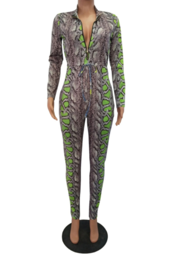 Autumn Winter new plus size snake print stretch zip-up sexy sports jumpsuit