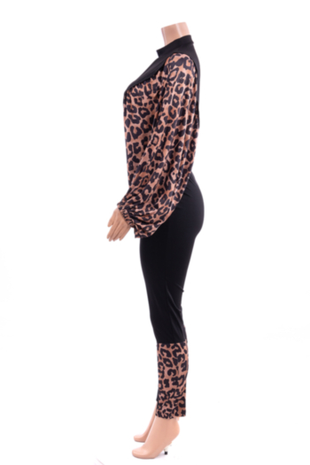 Autumn Winter new plus size leopard spliced stretch puffed-sleeve stylish two-piece set