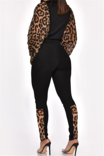 Autumn Winter new plus size leopard spliced stretch puffed-sleeve stylish two-piece set