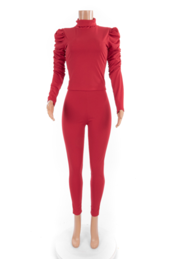 Autumn Winter new solid color stretch high-neck puffed-sleeve sports casual two-piece set