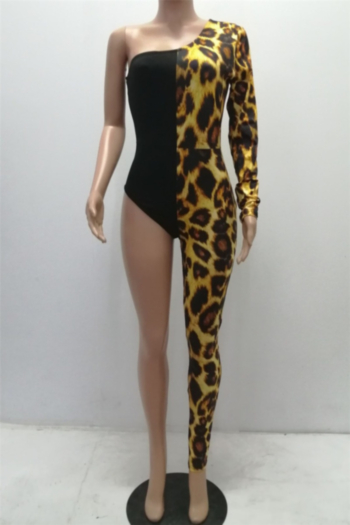 Autumn new black & leopard spliced stretch one-shoulder sexy stylish tight jumpsuit
