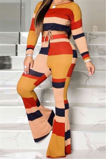 Autumn Winter new colorful stripe print stretch tuck stitch round-neck stylish flared two-piece set