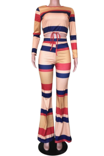 Autumn Winter new colorful stripe print stretch tuck stitch round-neck stylish flared two-piece set