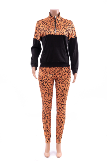 Autumn Winter new two colors leopard spliced stretch high-neck zip-up stylish two-piece set