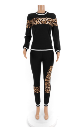Autumn Winter new three colors leopard spliced stretch round-neck stylish two-piece set