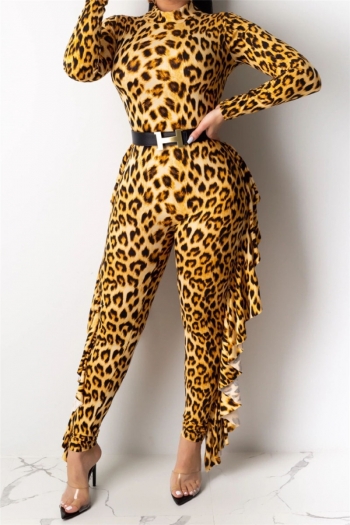 Autumn Winter new plus size leopard print stretch ruffle back zip-up stylish jumpsuit (Not belt)