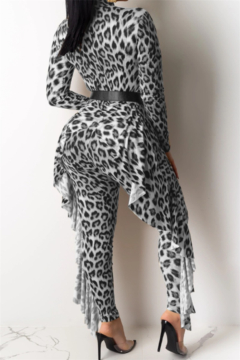 Autumn Winter new plus size leopard print stretch ruffle back zip-up stylish jumpsuit (Not belt)