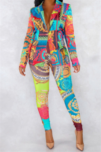 Autumn Winter new plus size colorful digital print micro-elastic stylish two-piece suit