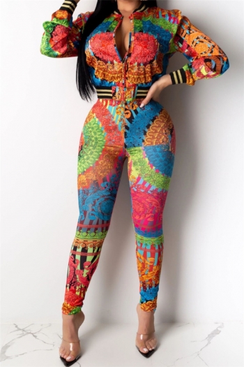 Autumn Winter new plus size colorful digital print micro-elastic zip-up stylish fitted two-piece set