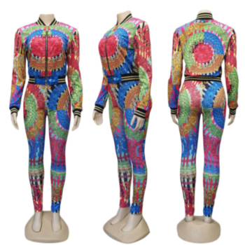 Autumn Winter new plus size colorful digital print micro-elastic zip-up stylish fitted two-piece set