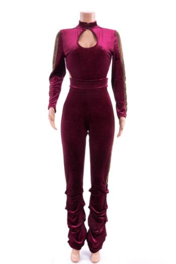 Autumn Winter new plus size velvet fabric stretch high-neck hollow stylish fitted jumpsuit