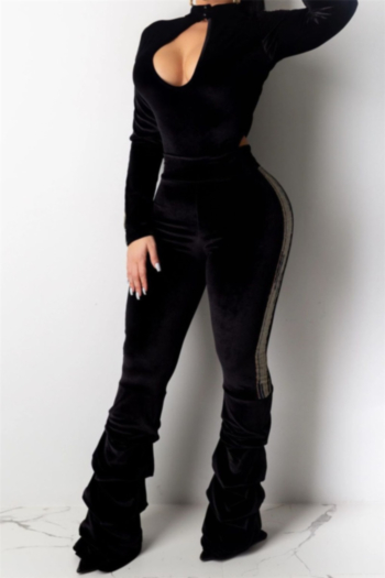Autumn Winter new plus size velvet fabric stretch high-neck hollow stylish fitted jumpsuit