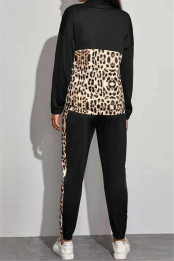 Autumn Winter new leopard spliced stretch high-neck zip-up stylish fitted two-piece set