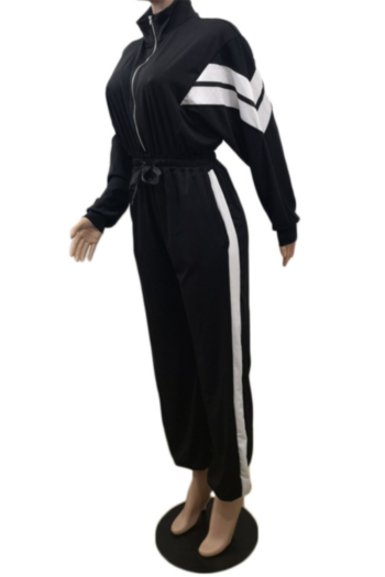 Plus size stripe print high-neck zip-up waist laced stylish sports jumpsuit