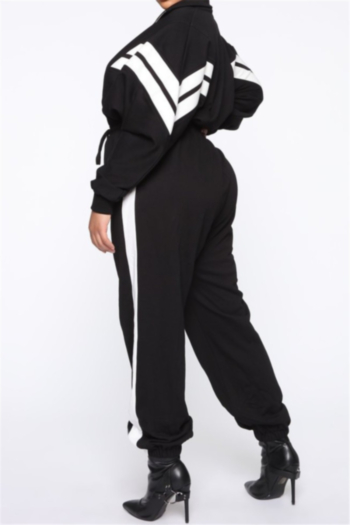 Plus size stripe print high-neck zip-up waist laced stylish sports jumpsuit
