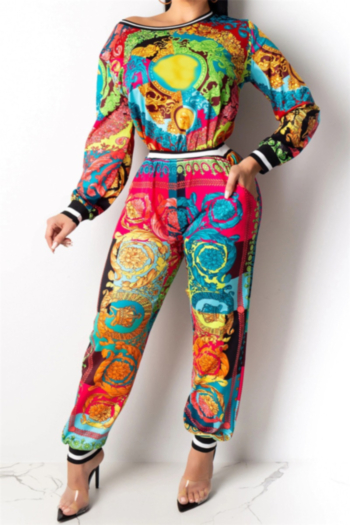 Autumn Winter new plus size digital print stretch stylish fitted two-piece set