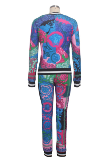 Autumn Winter new plus size digital print stretch stylish fitted two-piece set