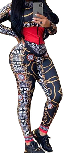Autumn Winter new plus size digital print stretch zip-up stylish sports fitted two-piece set