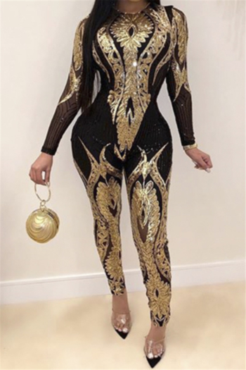 new plus size sequins decorated stretch round-neck sexy tight transparent jumpsuit