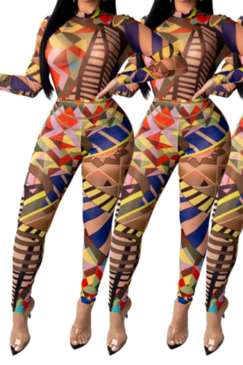 autumn new geometry print stretch high-neck back zip-up bodysuit with leggings stylish two-piece set