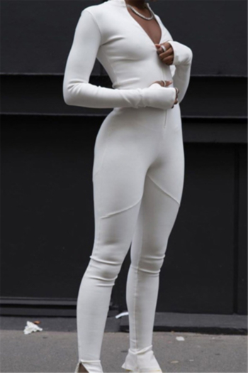 solid color stretch round-neck zip-up perforated sleeves stylish tight jumpsuit
