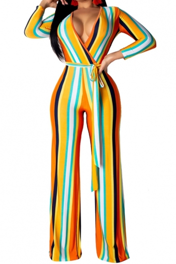 deep v colorful stripe belted jumpsuit