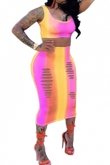 plus size rainbow gradient color sexy flower vest skirt margenta 2pc set