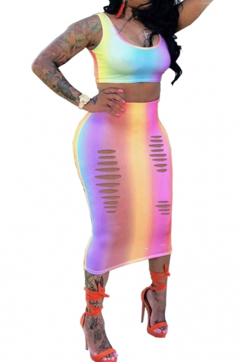 plus size rainbow gradient color sexy flower vest skirt purple 2pc set