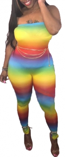 sexy strapless shoulder multicolor gradient slim jumpsuit