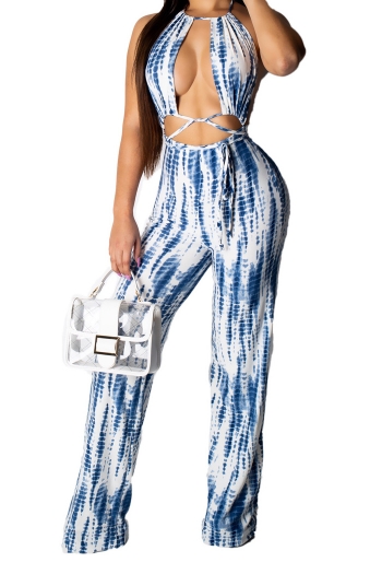 sexy hollow open back bandage printing jumpsuit