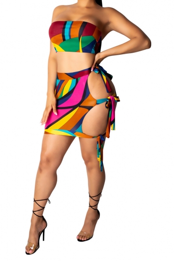 multicolor geometric printing tube top sexy hollow bandage slim fit skirt two-piece set
