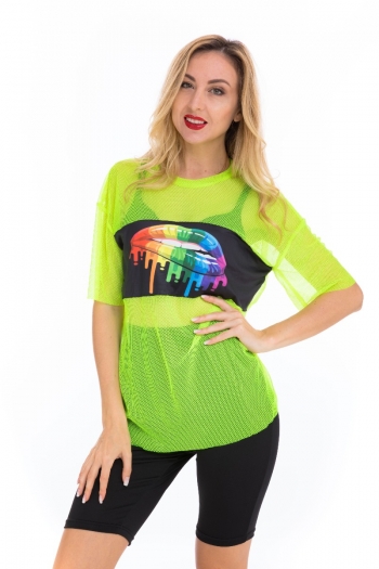 fluorescent lip printing mesh top slim fit pants two-piece set(new add colors)