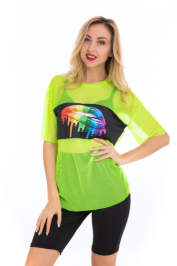 summer new fluorescent round collar lip printing mesh top slim fit pants two-piece set