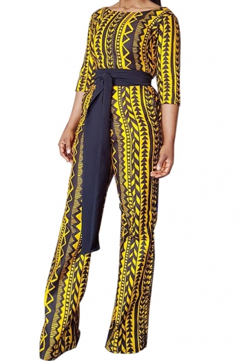 spring new casual printing long sleeve loose jumpsuit(with belt)