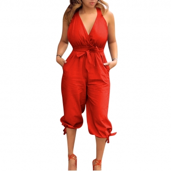 new 4 colors plus size sexy open back v collar bow-knot lace jumpsuit
