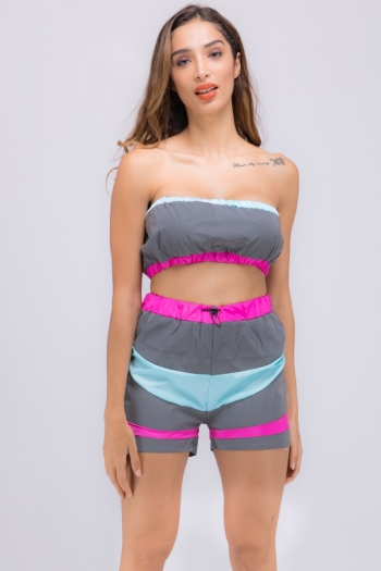 new stylish reflective fabric splice tube top elastic shorts two-piece sets