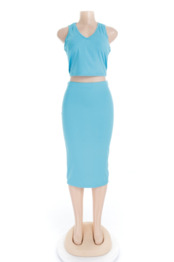 Stylish plus size solid color short tops tight skirts stretch two-piece set(New add colors)