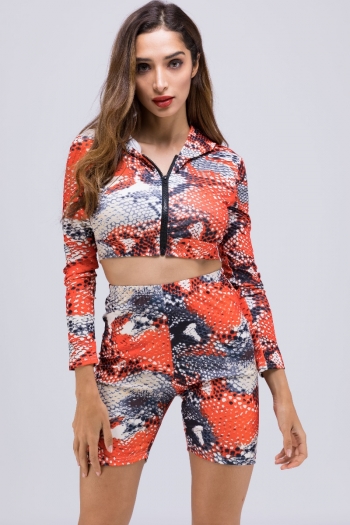 new stylish printing sexy zipper long sleeve short top high waist tight shorts stretch two-piece sets