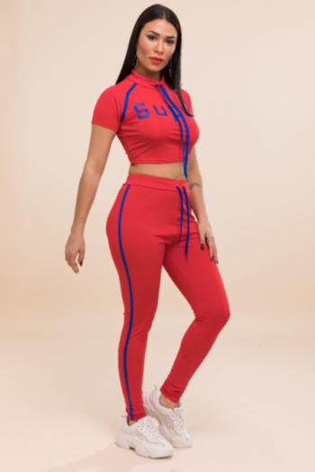 New lacing letter printing stretch slim sport two-piece sets